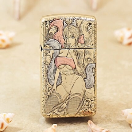 Zippo Slim etched brass nine-tailed fox jacket lighter, front view