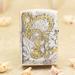 Zippo Armor phoenix lighter with gold inlay, reverse view