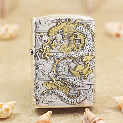 Zippo Armor silver dragon lighter with gold inlay, front view