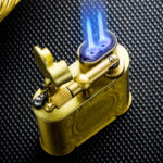 LUBINSKI LB-TZ-6 antique brass dual-jet cigar lighter producing two blue flames