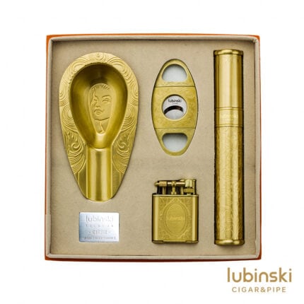 LUBINSKI LB-TZ-6 vintage brass four-piece cigar gift set with lighter cutter portrait ashtray and cigar tube