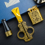 LUBINSKI engraved brass 6-piece cigar gift set detail view