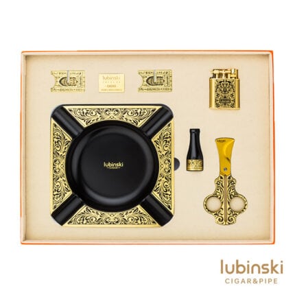 LUBINSKI engraved brass 6-piece cigar gift set with ashtray, lighter, cutter and cigar stand