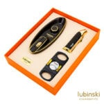 LUBINSKI YJA-80015 black cigar gift set with jet lighter cutter and ceramic ashtray