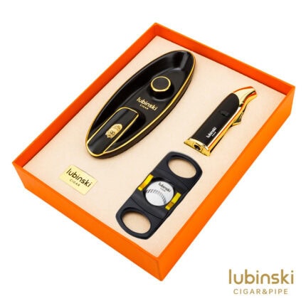LUBINSKI YJA-80015 black cigar gift set with jet lighter cutter and ceramic ashtray