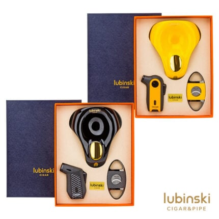 LUBINSKI YJA-80017 and YJA-80018 3-piece cigar gift set with lighter, cutter and ceramic ashtray