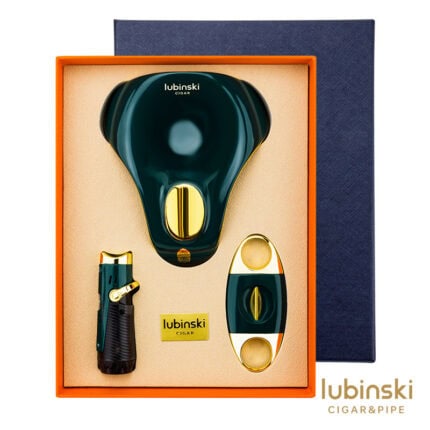 LUBINSKI YJA-80021 green three-piece cigar gift set with jet lighter V-cutter and ceramic ashtray