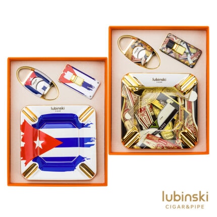 LUBINSKI YJA-80024 Cuban Flag cigar gift set with lighter cutter and ceramic ashtray