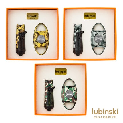 LUBINSKI YJA-80025 green camouflage cigar gift set with dual-jet lighter and cutter