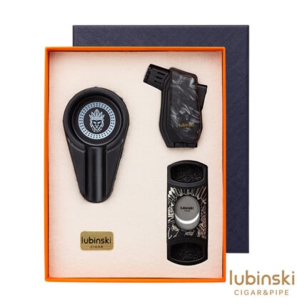 LUBINSKI YJA-80026 black three-piece cigar gift set with dual-jet lighter cutter and ashtray