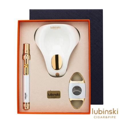 LUBINSKI YJA-80027 white three-piece cigar gift set with lighter cutter and ceramic ashtray