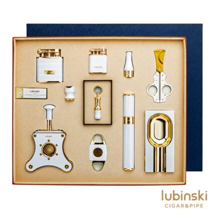 LUBINSKI YJA-80032 pearl white ten-piece luxury cigar accessory gift set with lighters cutters ashtray and cigar tube