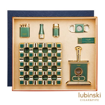 LUBINSKI YJA-80033 metallic green six-piece cigar gift set with lighter cutters metal ashtray stand and mouthpiece