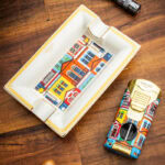 LUBINSKI YJA-80034 Colorful Houses bone china ashtray and matching dual-jet lighter