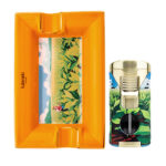 LUBINSKI YJA-80034 cigar gift set with green botanical artwork on bone china ashtray and lighter