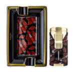 LUBINSKI YJA-80034 cigar gift set with dark red artwork on bone china ashtray and matching lighter