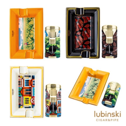 LUBINSKI YJA-80034 Colorful Houses cigar set with dual-jet lighter and bone china ashtray