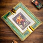 LUBINSKI YJA-80035 Flaming Lion ceramic cigar ashtray with gold-tone cigar rests