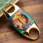 LUBINSKI YJA-80035 Flaming Lion V-cut cigar cutter with gold-tone handles