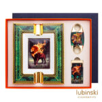 LUBINSKI YJA-80035 Flaming Lion cigar gift set with dual-jet lighter V-cutter and ceramic ashtray