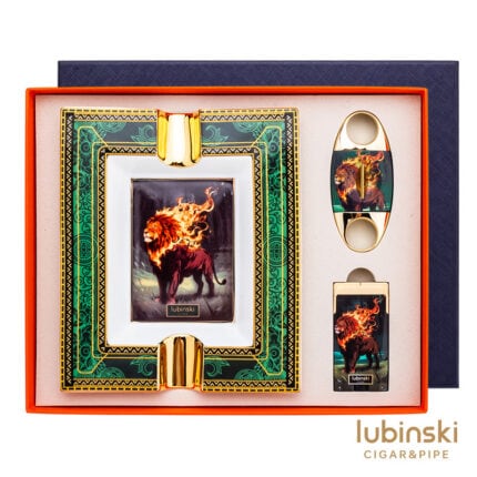 LUBINSKI YJA-80035 Flaming Lion cigar gift set with dual-jet lighter V-cutter and ceramic ashtray