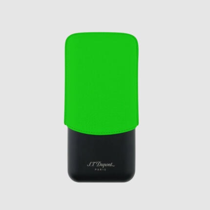 S.T. Dupont Fluo Green 3-cigar case 183417 with fluorescent green leather sleeve and matte black metal base