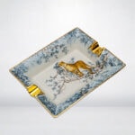 LUBINSKI AS-420 bone china cigar ashtray with snow leopard and blue botanical artwork
