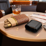 CigarLoong CH-039 Ostrich Brown three-cigar case opened with cedar wood insert