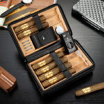 CigarLoong CH-042 black leather 6-cigar travel humidor with cedar interior and accessories