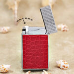 Karl Wieden KW-T0203C open petrol lighter showing wick-style mechanism and red crocodile leather side-slide design