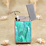 Karl Wieden KW-T0205D open petrol lighter showing wick-style mechanism and green iridescent inlay