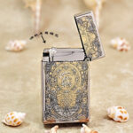 Karl Wieden KW-T0215A open petrol lighter showing wick-style mechanism and Pixiu animal-series design