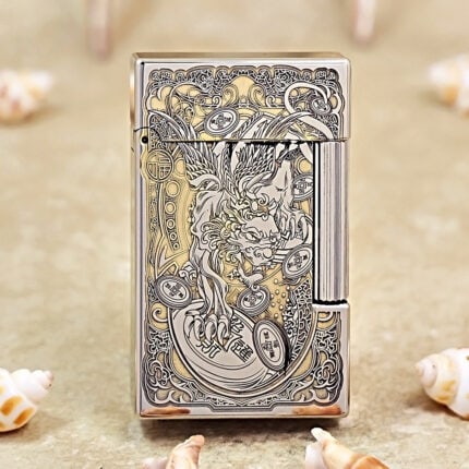 Karl Wieden Silver-Tone Pixiu petrol lighter KW-T0215A front view with Pixiu and auspicious coin motifs