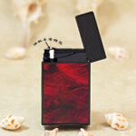 Karl Wieden KW-T0230A open petrol lighter showing wick-style mechanism and Blood Moon red marbled design
