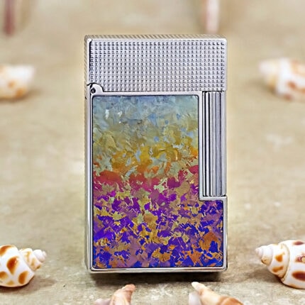 Karl Wieden Silver Ice Flower petrol lighter KW-T024A front view with purple yellow and white accents