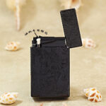 Karl Wieden KW-T0250B open petrol lighter showing wick-style mechanism and Black Rose Knight design