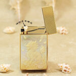 Karl Wieden KW-T0296A open petrol lighter showing wick-style mechanism and gold-tone Qilin design