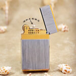 Karl Wieden KW-T02C Brushed Silver and Gold petrol lighter open with wick mechanism