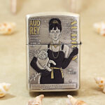 Zippo Armor KZ091 Audrey Hepburn portrait lighter reverse view with cat artwork