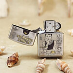 Zippo Armor KZ091 lighter open showing front portrait artwork and windproof insert