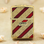 Zippo Armor KZ092 gold and deep red diagonal vine pattern lighter front view