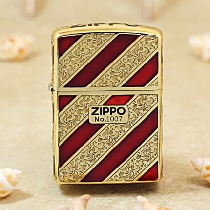 Zippo Armor KZ092 gold and deep red diagonal vine pattern lighter front view