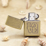 Zippo Classic LOVE lighter open showing windproof petrol insert