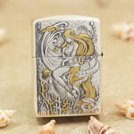 Zippo Armor custom mermaid lighter reverse artwork with gold-tone accents