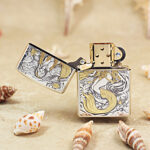 Zippo Armor mermaid custom lighter open showing windproof petrol insert