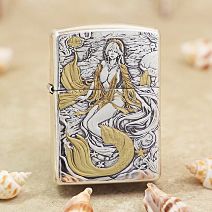 Zippo Armor custom mermaid lighter with silver-tone finish and gold-tone accents front view
