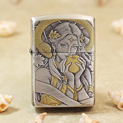 Zippo Armor Eve and the Serpent deep-carved lighter in antique silver with gold-tone accents
