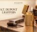 Gold-tone luxury lighter with an open lid and flame on a craftsmanship workbench