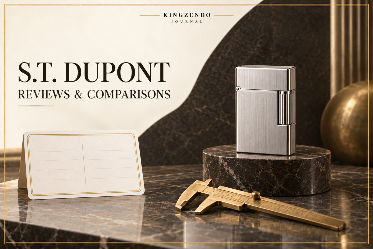 Silver luxury lighter on a stone display with a comparison card and brass caliper